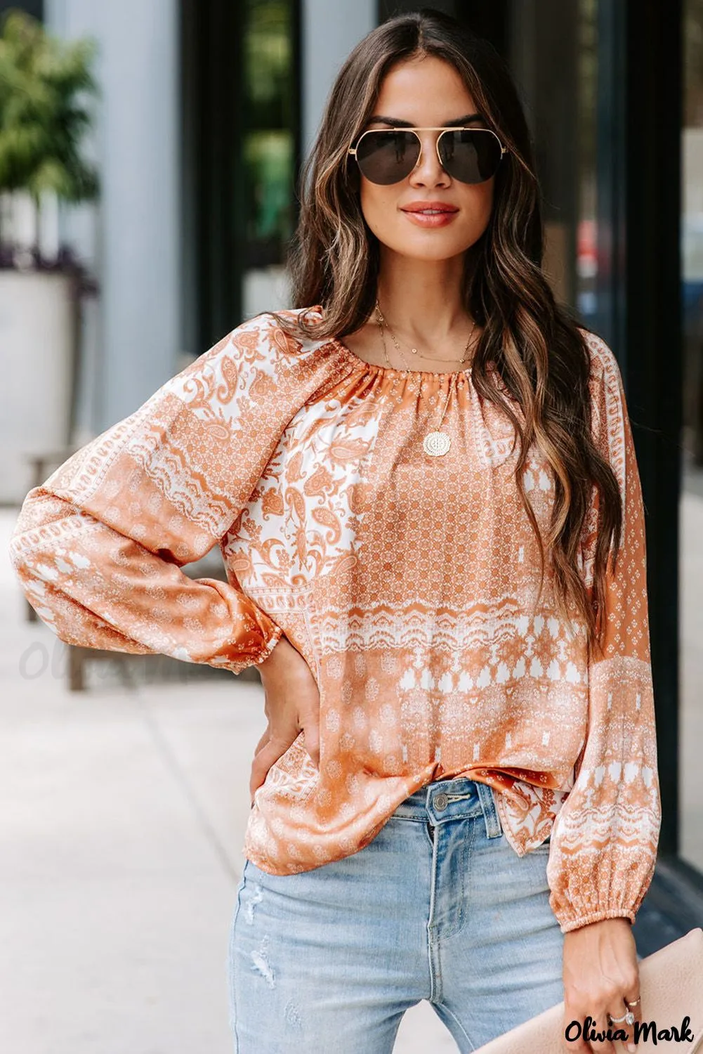 Deanwangkt - Orange round neck bohemian print blouse with drawstring