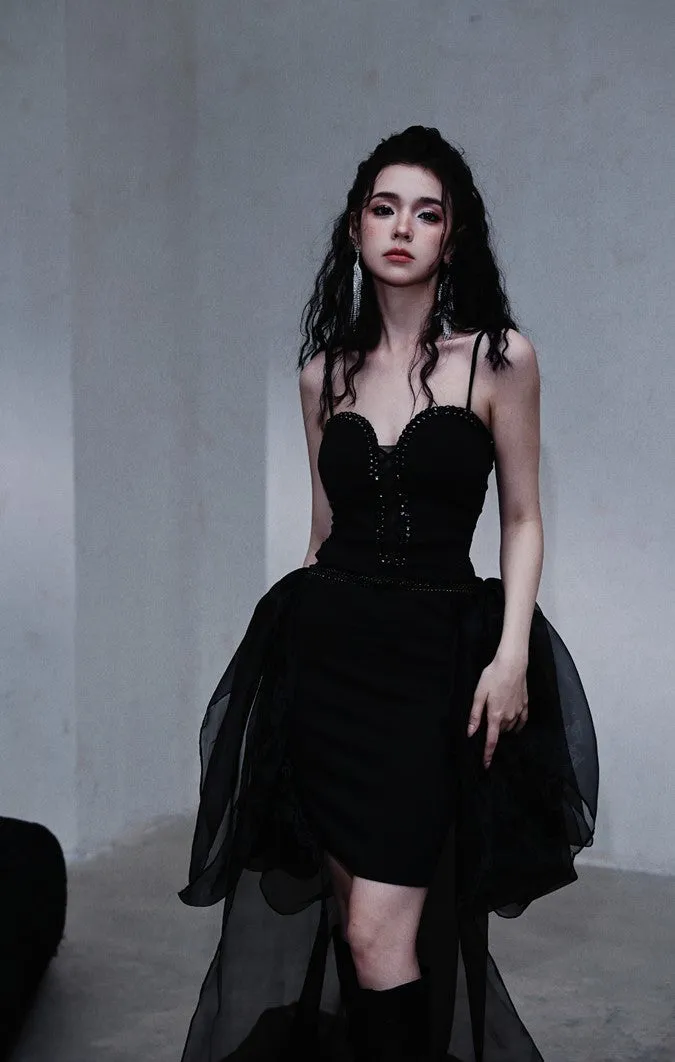 DOLLY Elegant Retro Black V-Neck Sleeveless High Waist Ribbon Cocktail Dress-BAMBI (V)