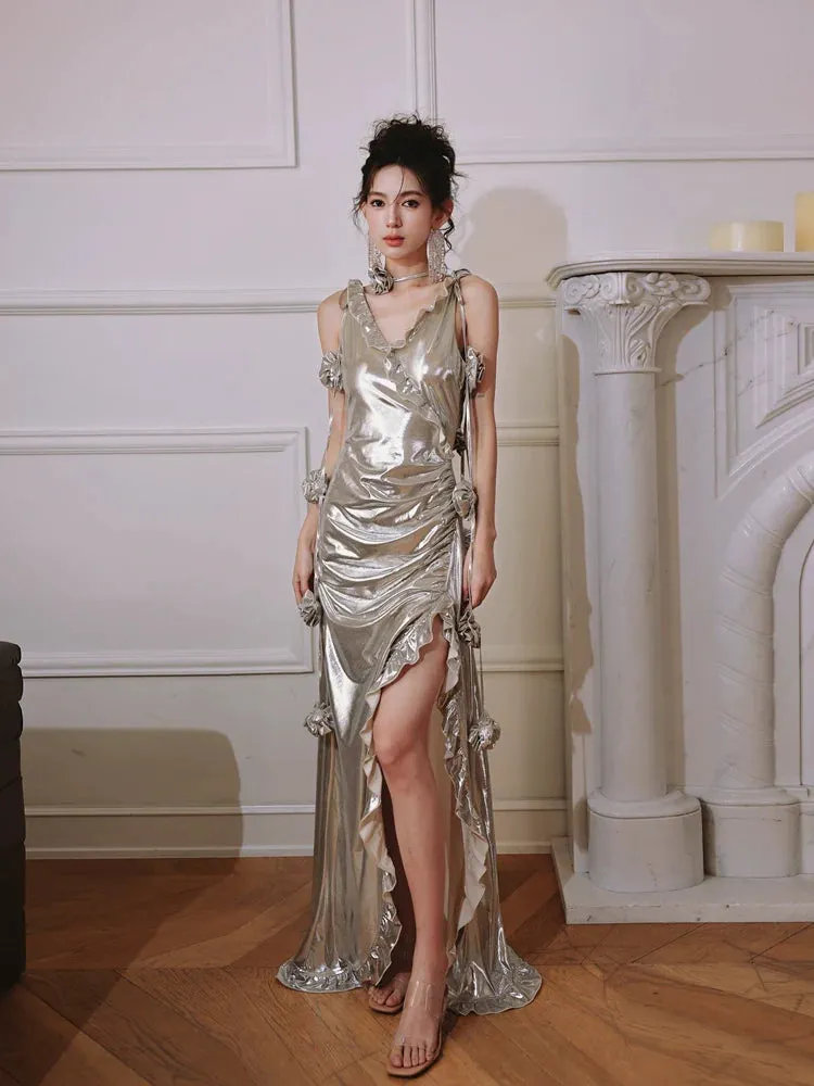 DOLLY Elegant Retro Sliver Gold Deep V-Neck Sleeveless Flower Long Cocktail Dress- Nisa