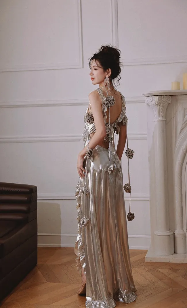 DOLLY Elegant Retro Sliver Gold Deep V-Neck Sleeveless Flower Long Cocktail Dress- Nisa