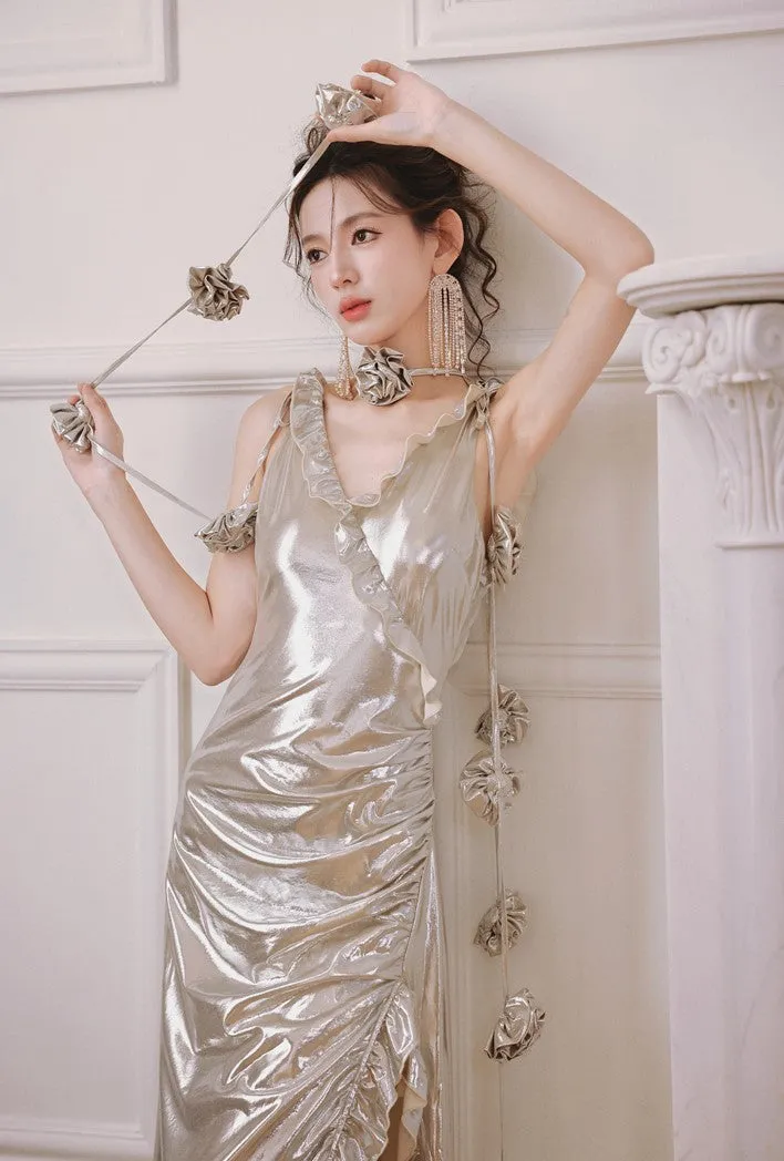 DOLLY Elegant Retro Sliver Gold Deep V-Neck Sleeveless Flower Long Cocktail Dress- Nisa