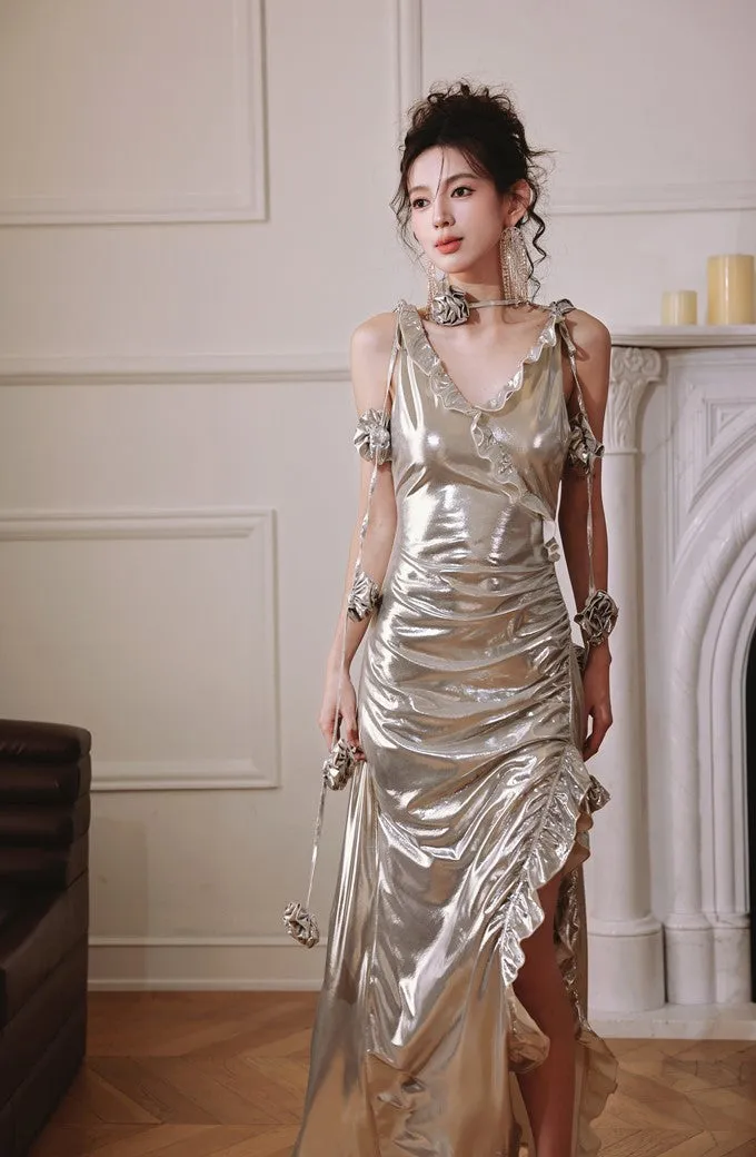 DOLLY Elegant Retro Sliver Gold Deep V-Neck Sleeveless Flower Long Cocktail Dress- Nisa