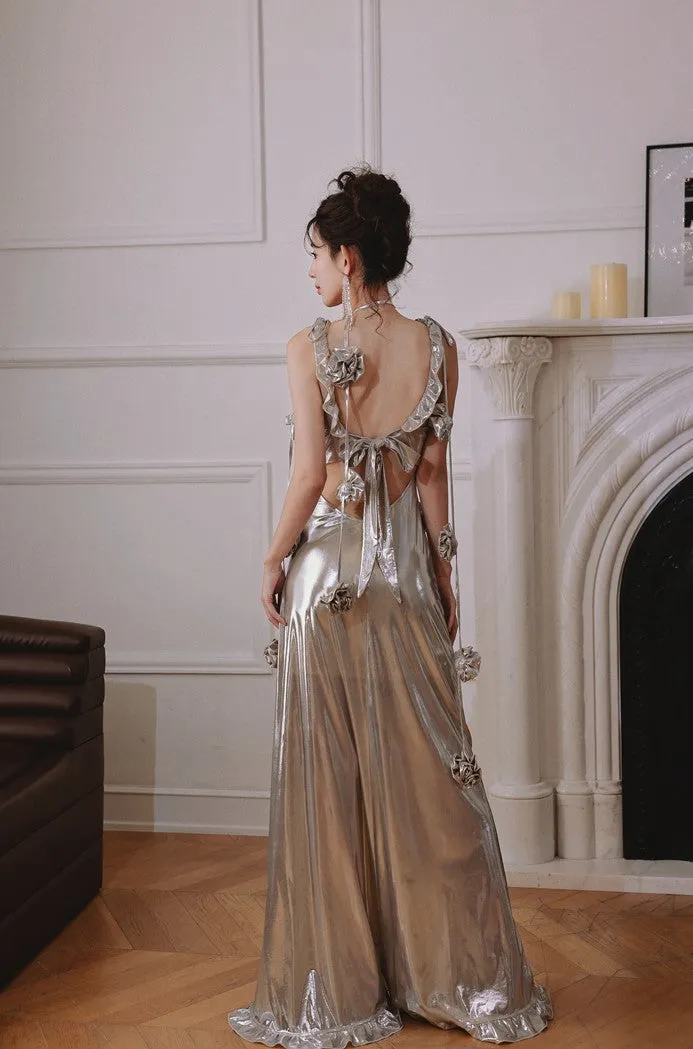 DOLLY Elegant Retro Sliver Gold Deep V-Neck Sleeveless Flower Long Cocktail Dress- Nisa