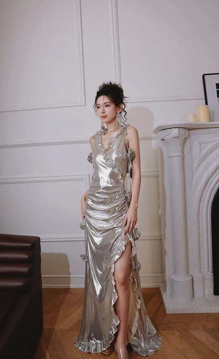 DOLLY Elegant Retro Sliver Gold Deep V-Neck Sleeveless Flower Long Cocktail Dress- Nisa