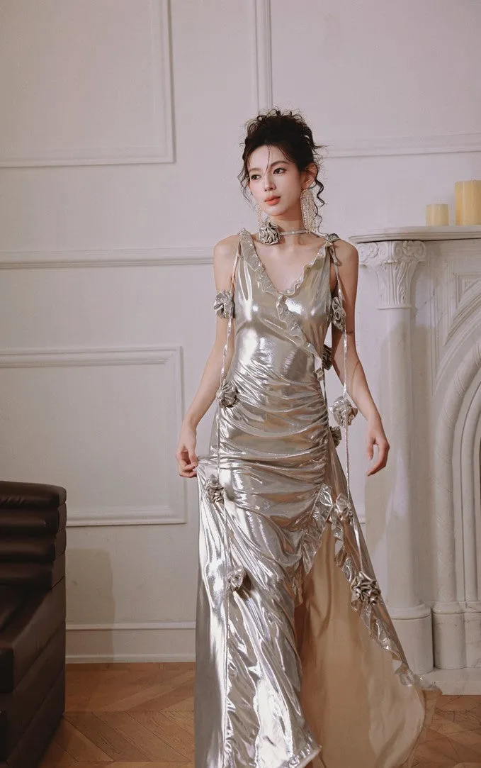 DOLLY Elegant Retro Sliver Gold Deep V-Neck Sleeveless Flower Long Cocktail Dress- Nisa