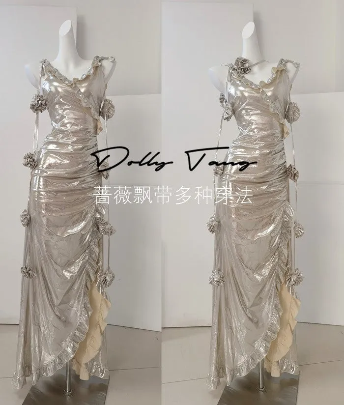 DOLLY Elegant Retro Sliver Gold Deep V-Neck Sleeveless Flower Long Cocktail Dress- Nisa