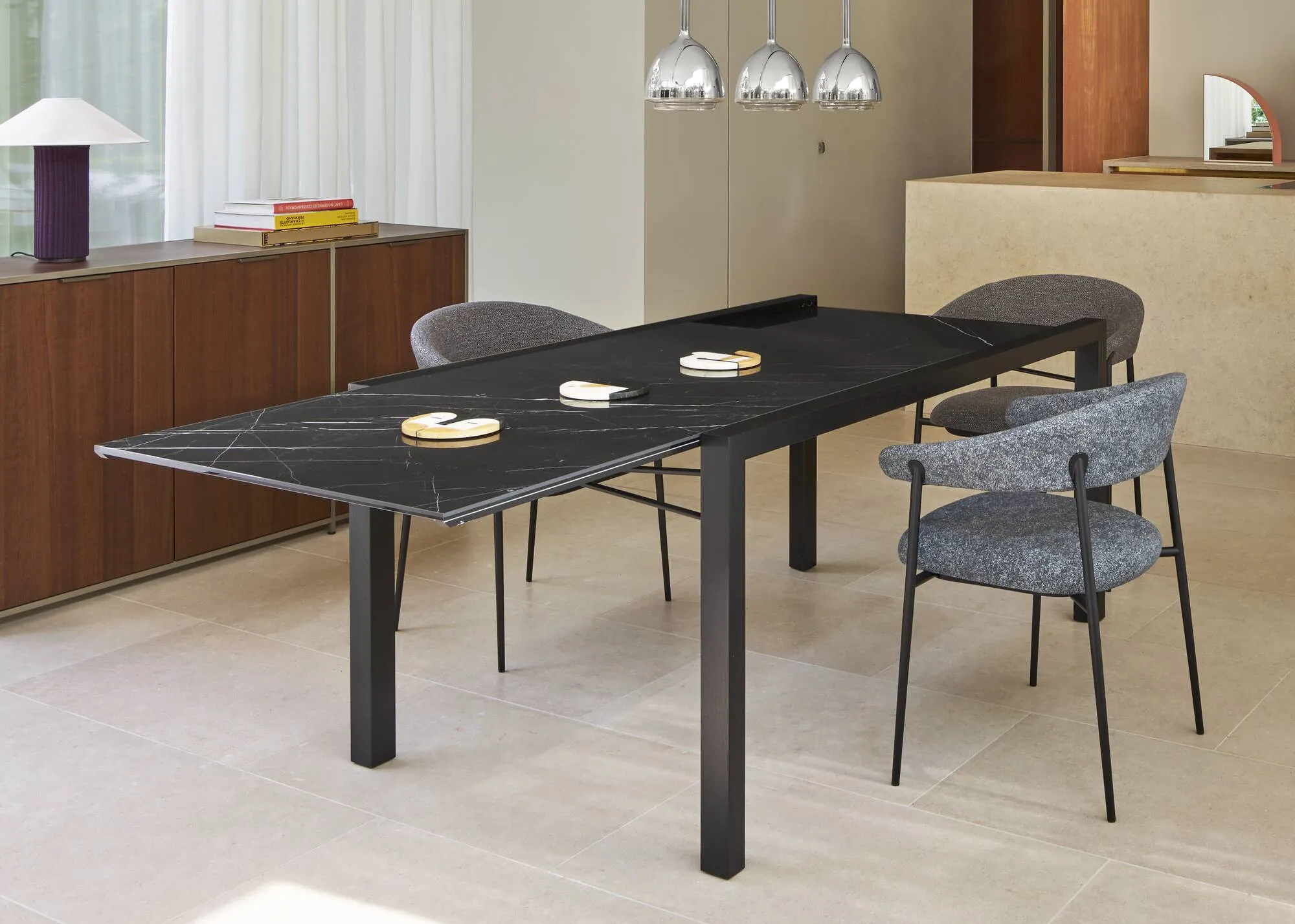 Extensia Dining Table Top In White Marble-Effect Ceramic Stoneware Base In Black Stained Ash