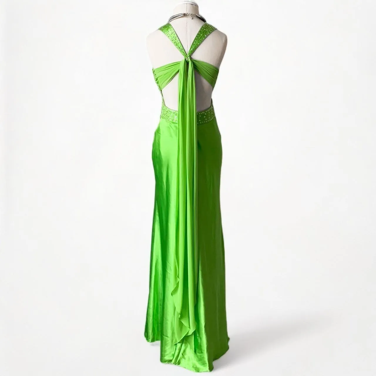 Neon Green Beaded Satin Maxi Bodycon Formal Prom Dress Size S
