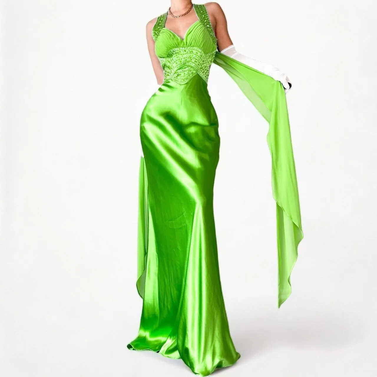 Neon Green Beaded Satin Maxi Bodycon Formal Prom Dress Size S