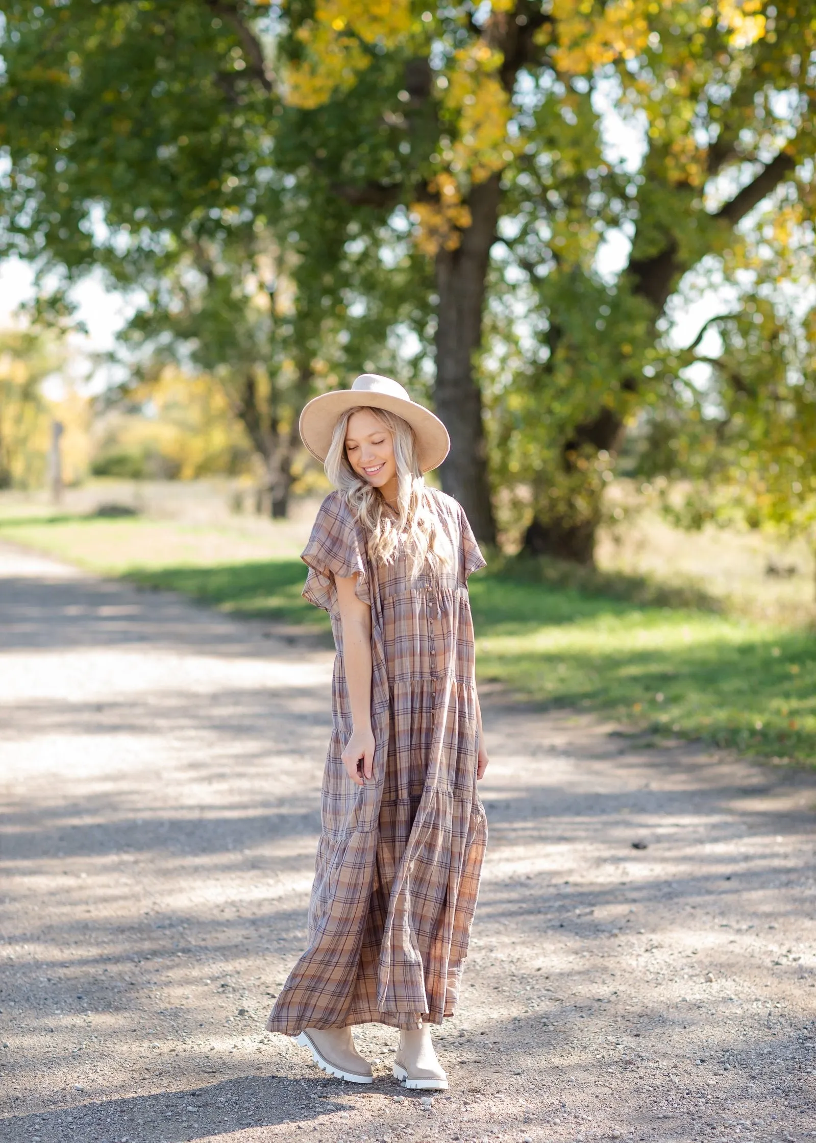 Plaid Button Down Flutter Sleeve Tiered Maxi Dress - FINAL SALE