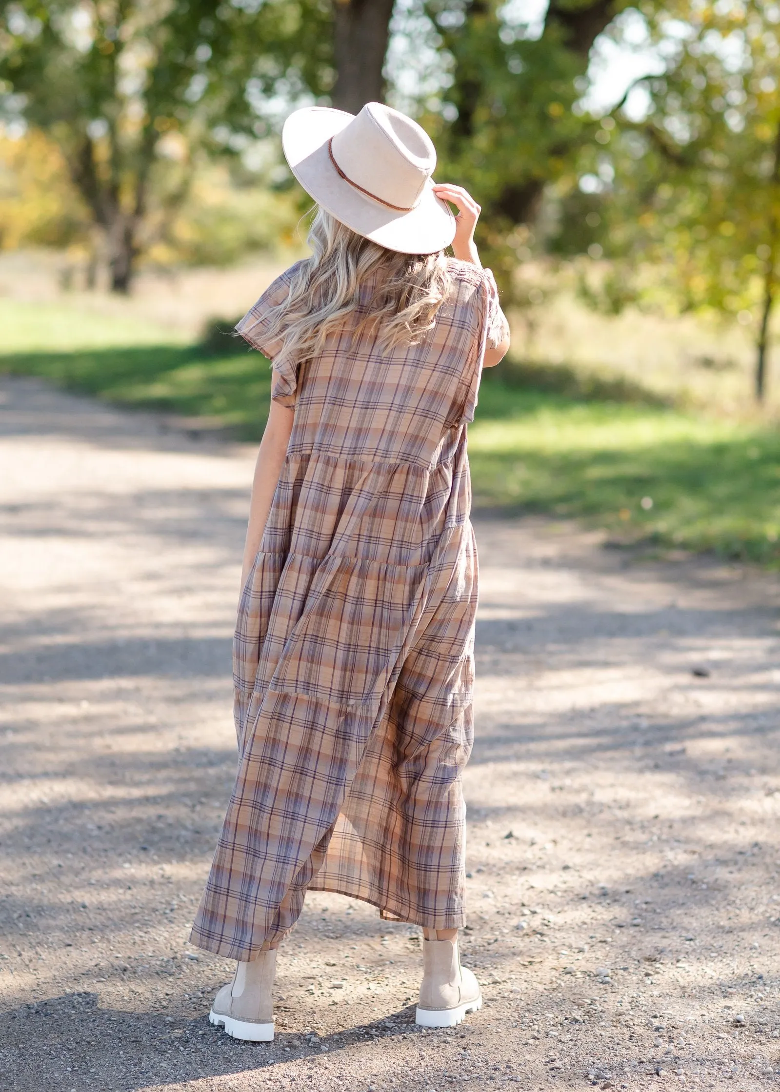 Plaid Button Down Flutter Sleeve Tiered Maxi Dress - FINAL SALE