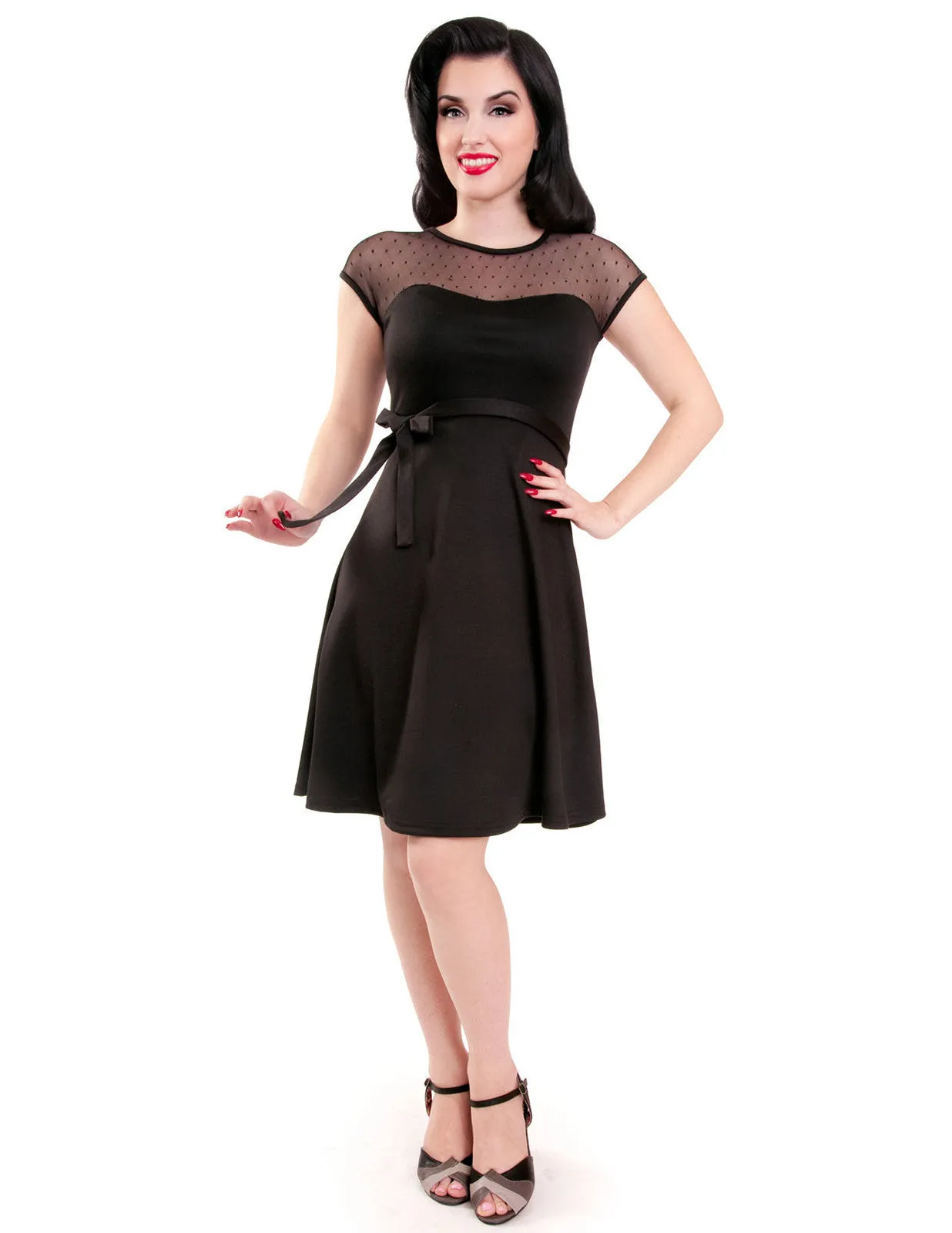 Rock Steady Retro Pinup Black Sheer Lace Polka Dot Fit & Flare Dress