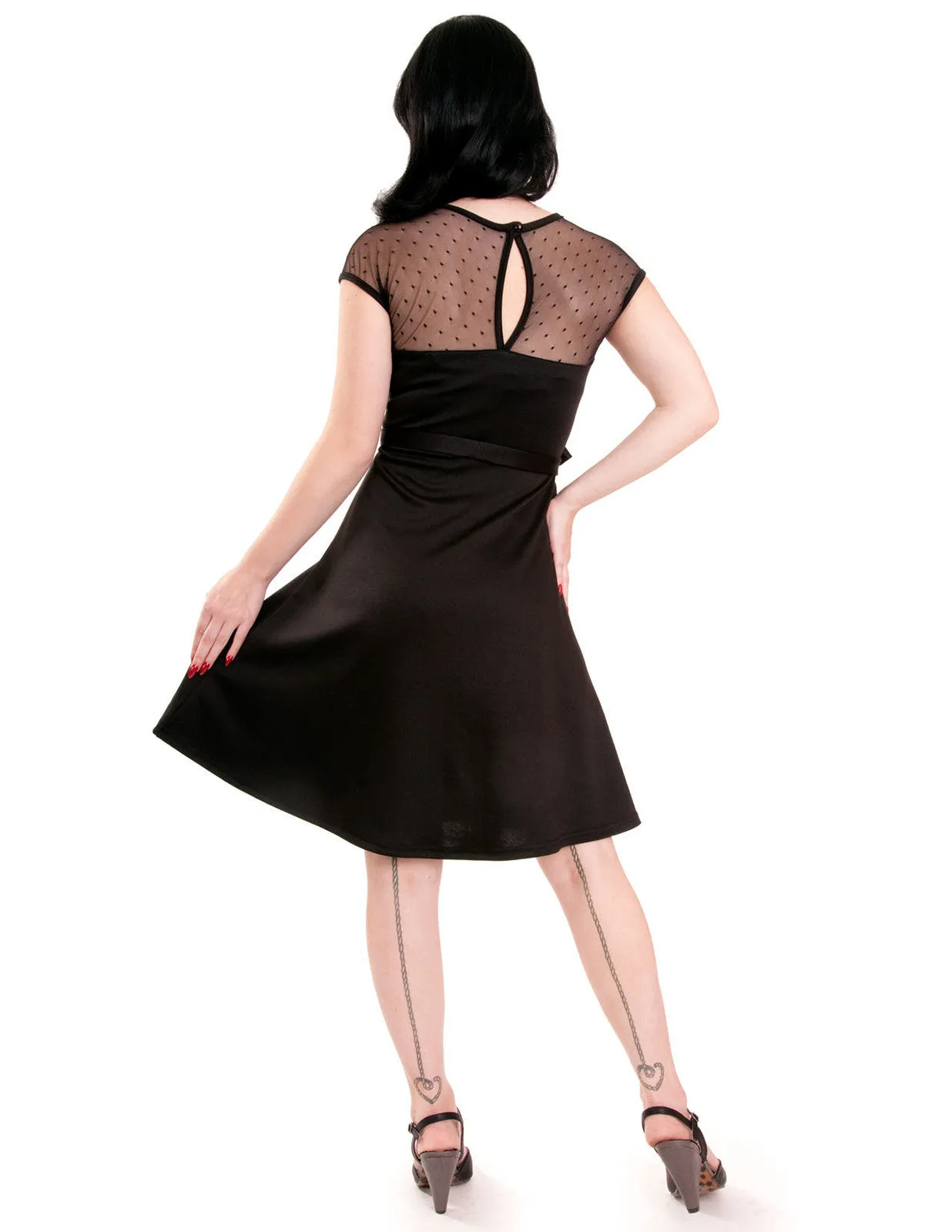 Rock Steady Retro Pinup Black Sheer Lace Polka Dot Fit & Flare Dress