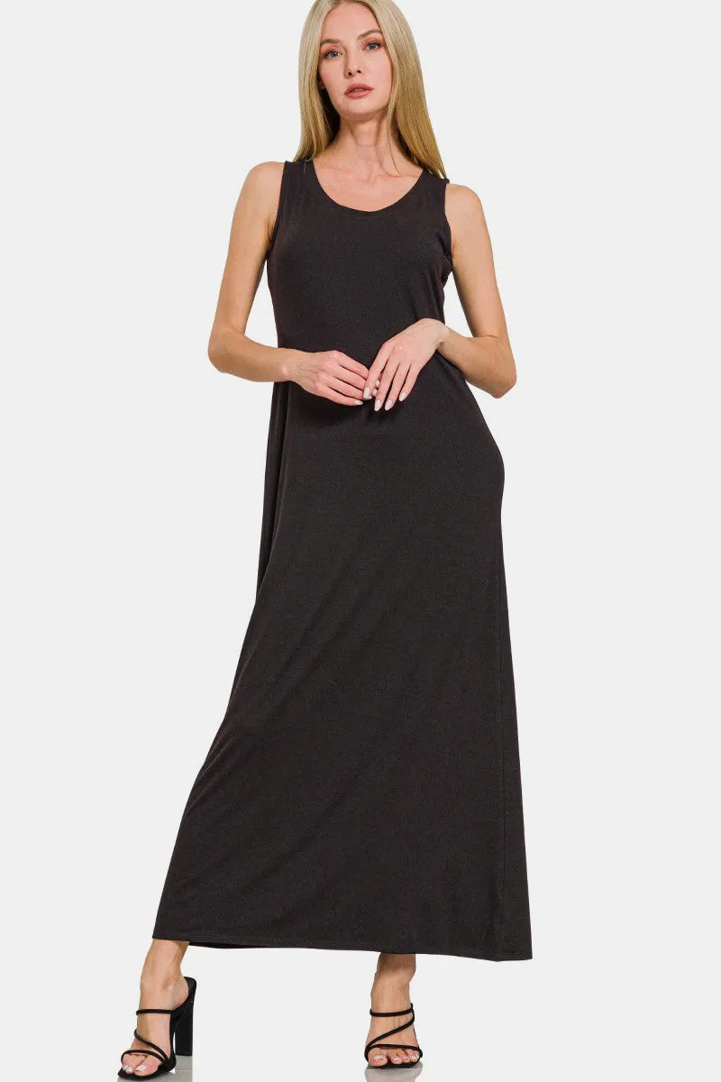 Scoop Neck Wide Strap Tank Dress in Black