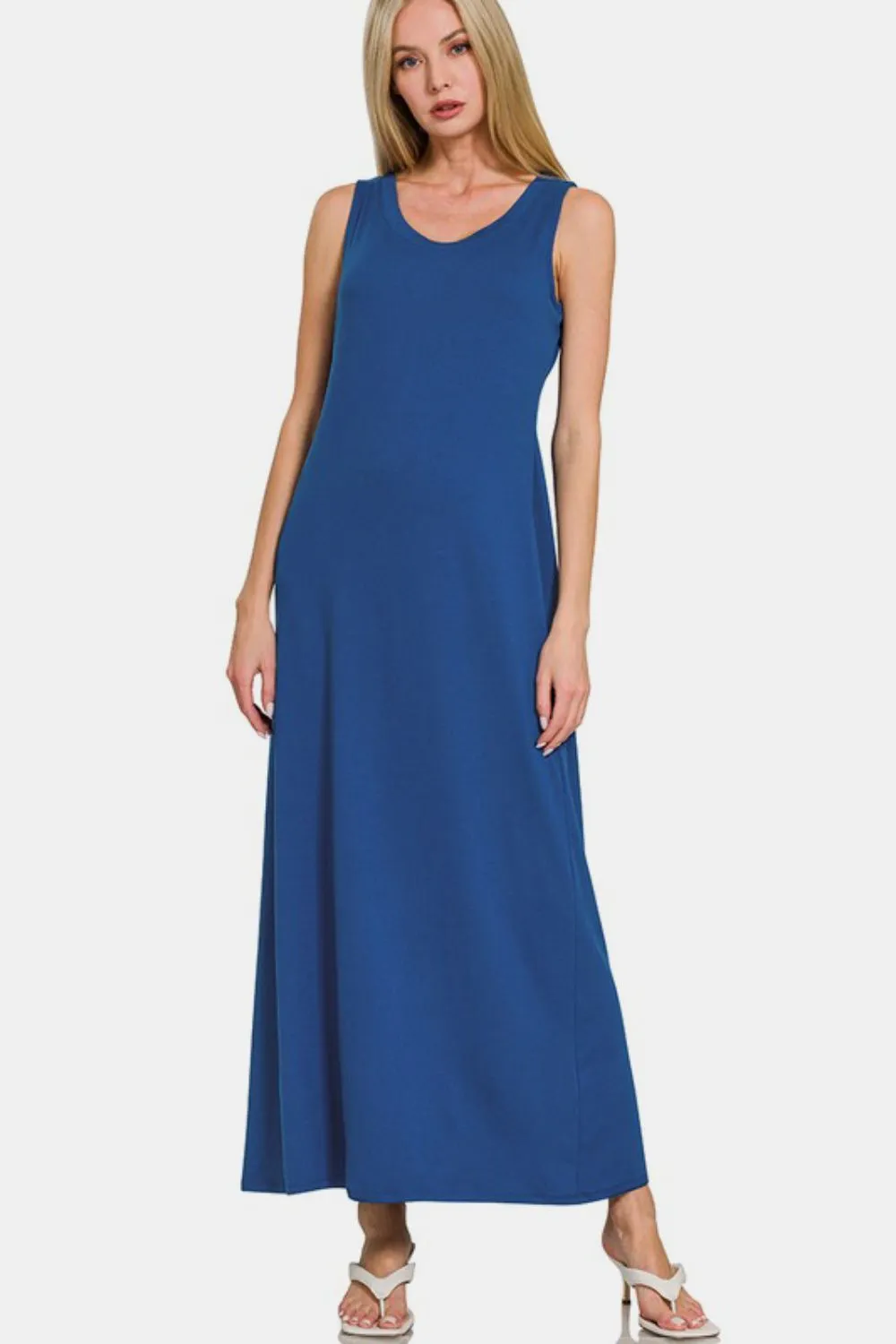 Scoop Neck Wide Strap Tank Dress in Navy