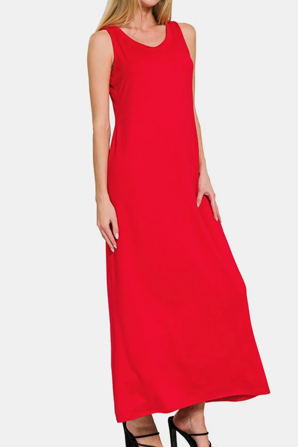 Scoop Neck Wide Strap Tank Dress in Red