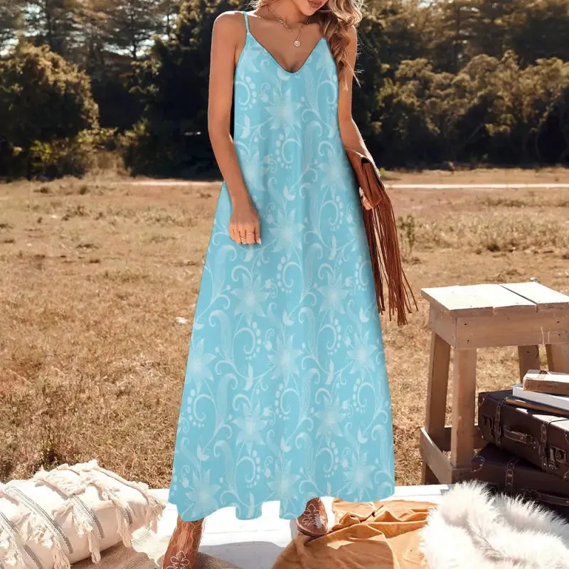Spring Breeze Vibes with This Blue Boho Floral Sleeveless Maxi Dress