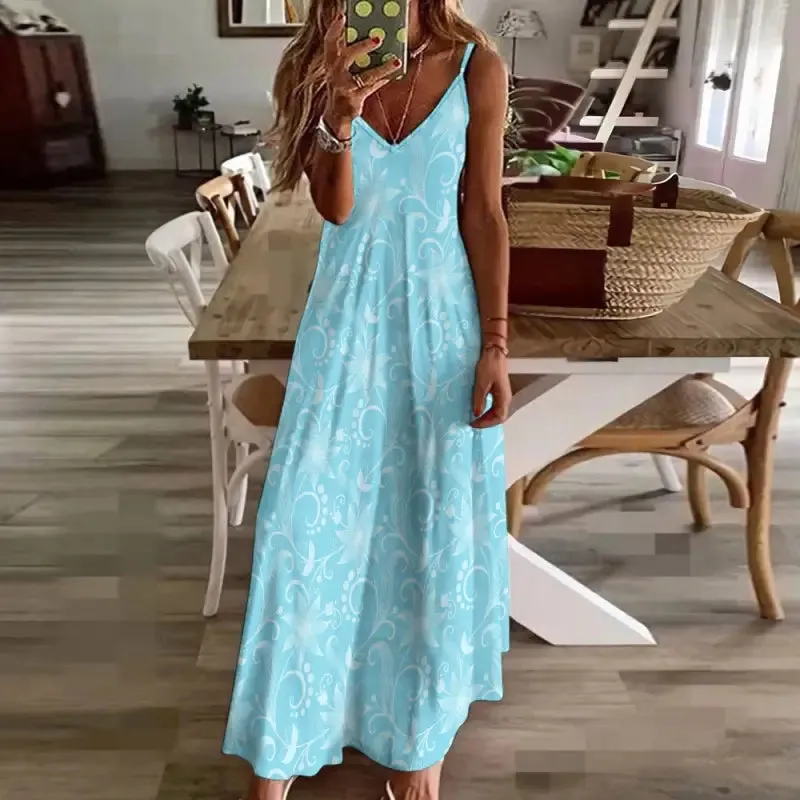 Spring Breeze Vibes with This Blue Boho Floral Sleeveless Maxi Dress