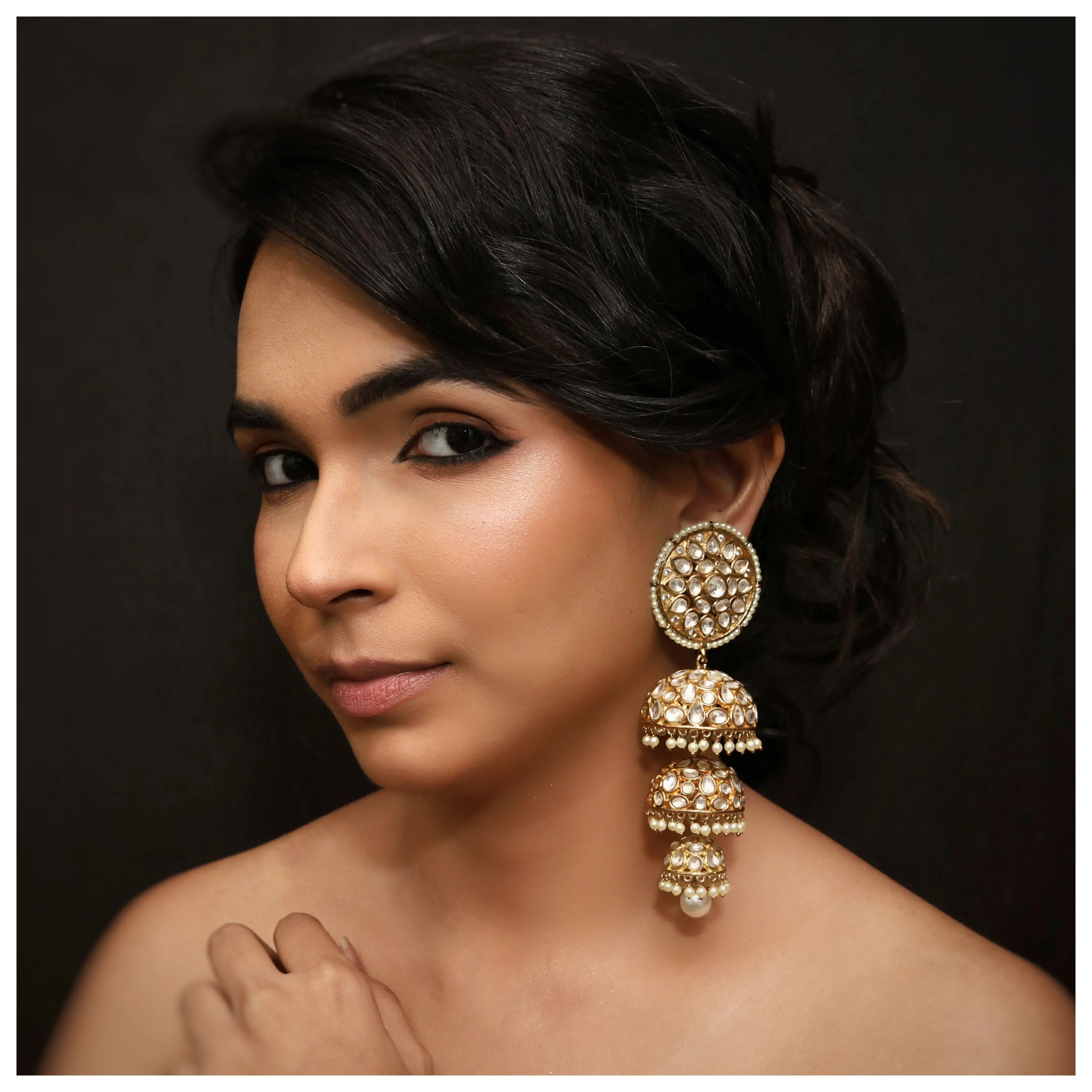 Three Layer White Kundan Jhumki 9344-4126