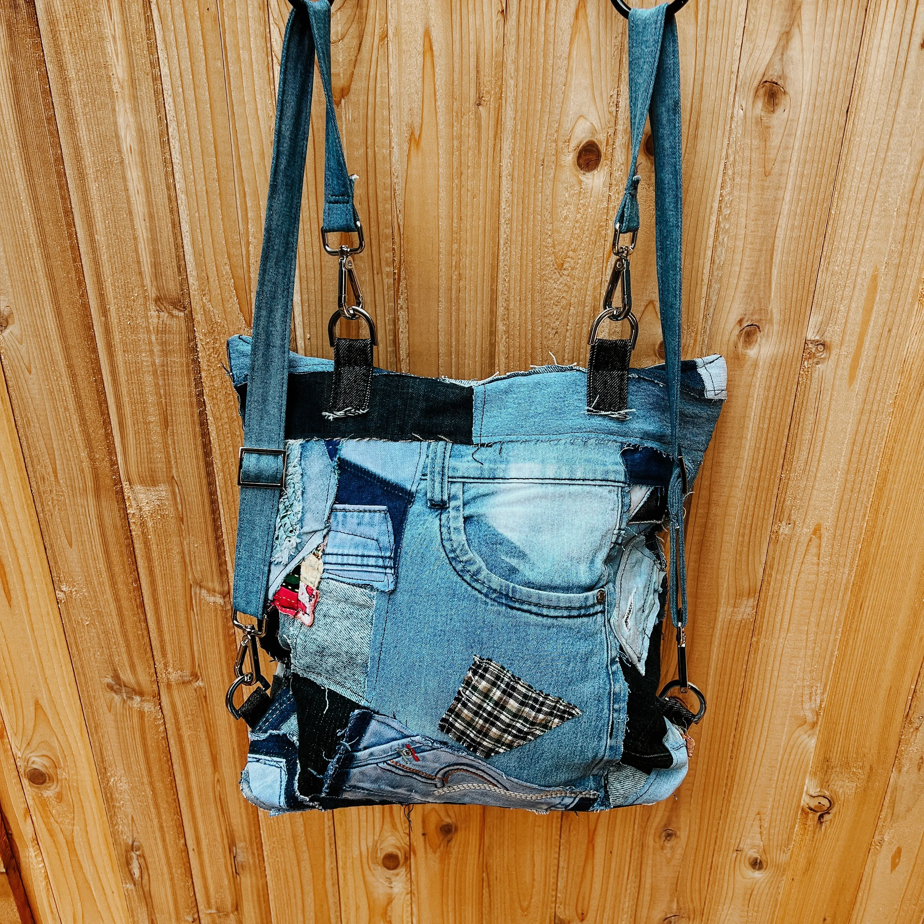 Upcycled Denim Bag Crossbody Denim Tote Bag Convertible Bag Backpack