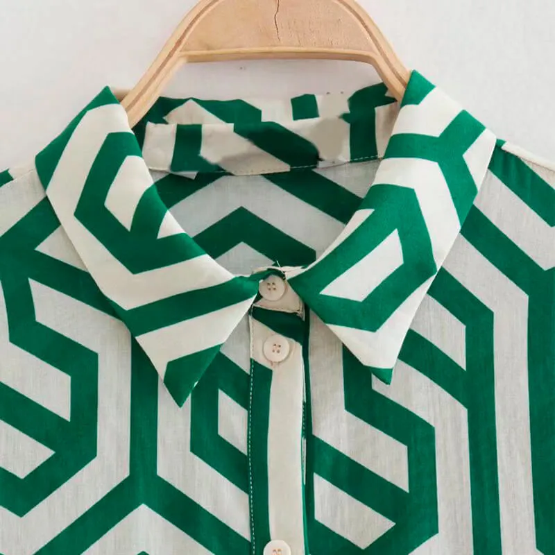 Weirdcore Retro Green Dress Geometric Pattern